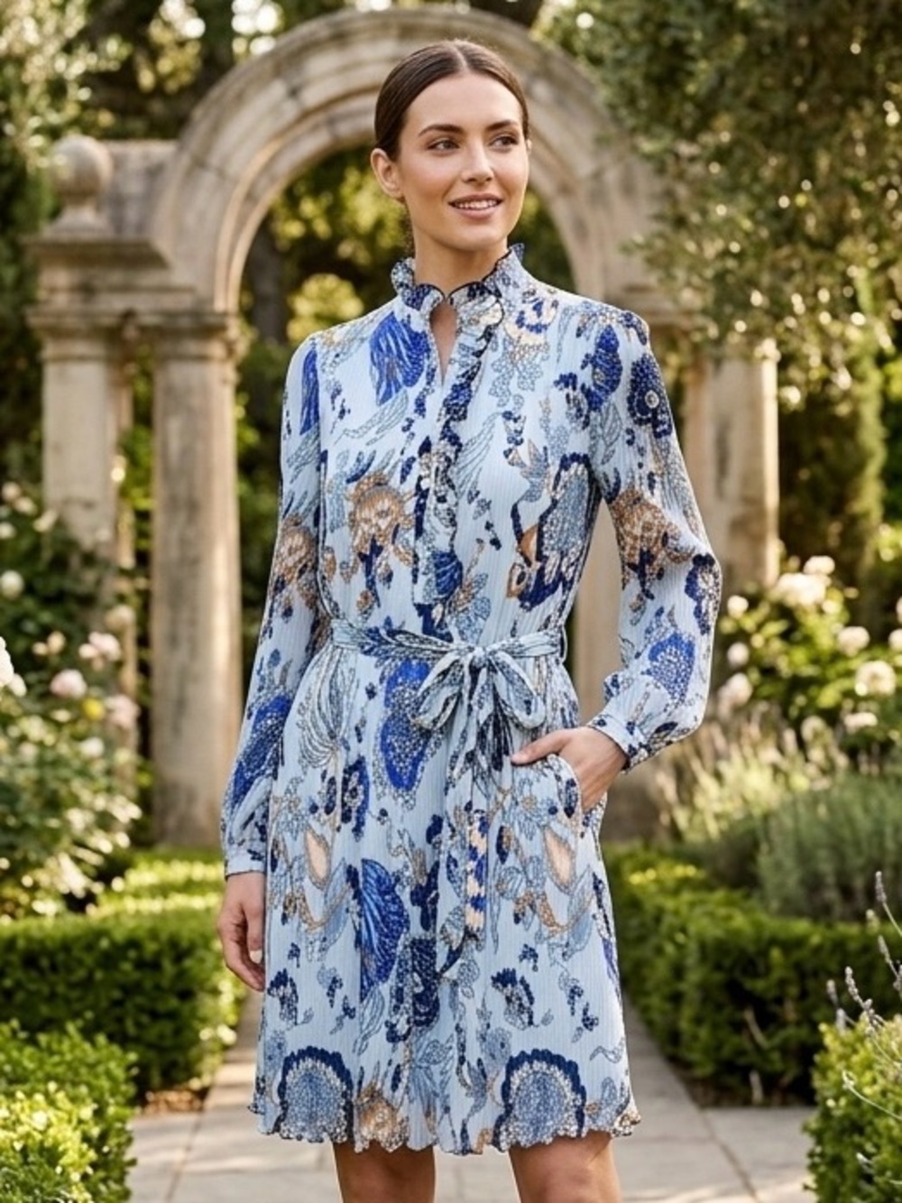 Tory Burch Deneuve Floral Pleated Dress 4 Blue Cream Boho Chic Wedding Guest Mod
